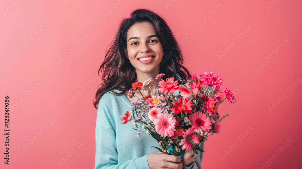 Portrait of a beautiful woman with flowers in her hands on a pink background. A smiling woman with a bouquet looks at the camera. Gifts and beauty concept. Portrait of a beautiful woman with flowers in her hands on a pink background. A smiling woman with a bouquet looks at the camera. Gifts and beauty concept.