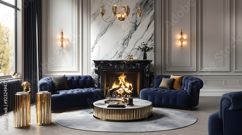 A luxurious living space with a navy blue sofa, gold accents, and a marble fireplace.