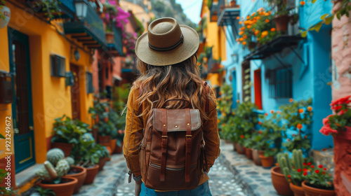 Fototapeta Naklejka Na Ścianę i Meble -  Rear view of a young female tourist in a hat walking through the small streets of the city. Beautiful female traveler enjoying travel outdoors. Adventure and travel concept.