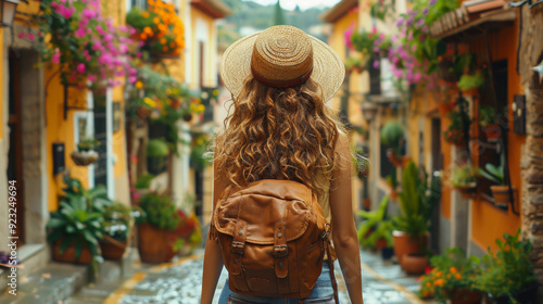 Fototapeta Naklejka Na Ścianę i Meble -  Rear view of a young female tourist in a hat walking through the small streets of the city. Beautiful female traveler enjoying travel outdoors. Adventure and travel concept.