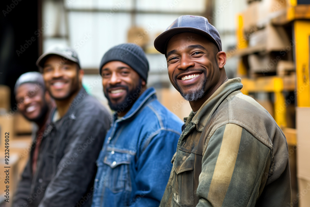Group portrait of mixed race men working in warehouse laughing Group portrait of mixed race men working in warehouse laughing
