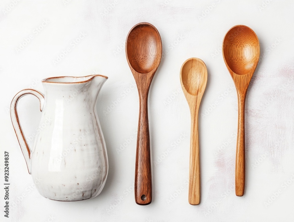 Watercolor of a rustic country kitchen still life with a ceramic jug wooden spoons and other cooking utensils on a white background This image captures the charming homemade feel of a cozy Watercolor of a rustic country kitchen still life with a ceramic jug wooden spoons and other cooking utensils on a white background This image captures the charming homemade feel of a cozy