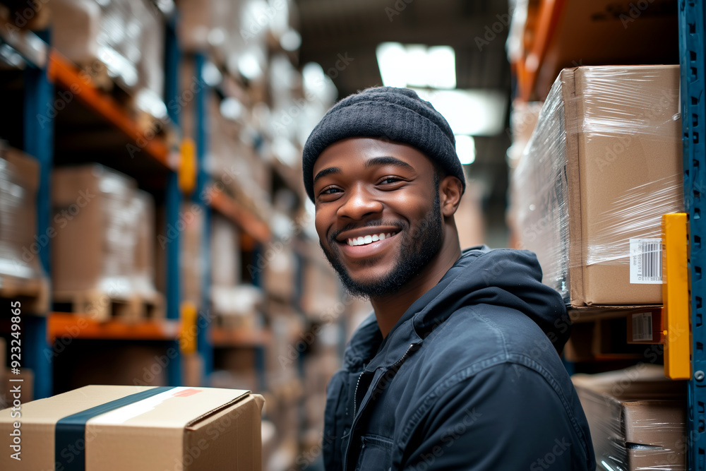 Group portrait of mixed race men working in warehouse laughing Group portrait of mixed race men working in warehouse laughing