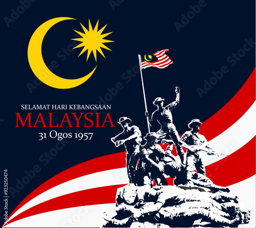 Illustration of malaysia's independence day with a picture of a monument against a malaysian flag background.