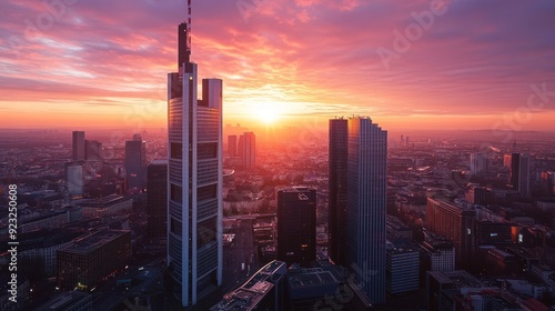 Frankfurt Skyline at Sunset with Dramatic Pink Sky