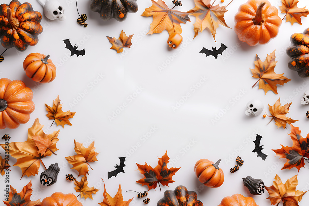 Obraz premium Halloween flatlay decorations background with space for text. Halloween concept. Top view frame