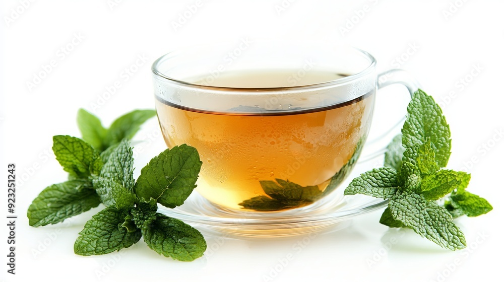 Fresh mint tea served in a clear cup with mint leaves on a white background Fresh mint tea served in a clear cup with mint leaves on a white background