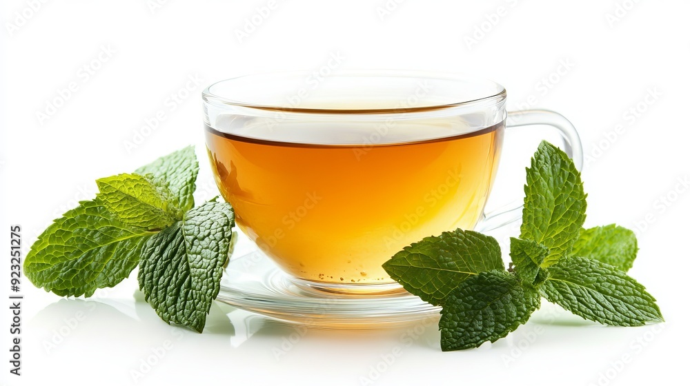 Herbal tea with fresh mint leaves on a white background Herbal tea with fresh mint leaves on a white background