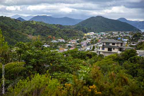 panorama of lush hills in picton, new zealand south island, marlborough region