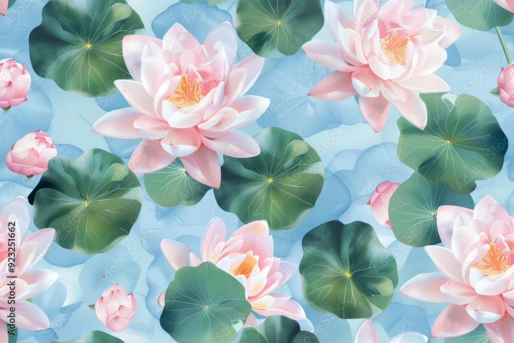 A serene lotus and water lily pond with tranquil reflections, depicted in a seamless Chinese pattern and watercolor style. A serene lotus and water lily pond with tranquil reflections, depicted in a seamless Chinese pattern and watercolor style.