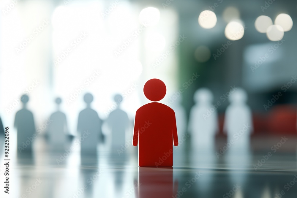 Red figure standing out from the crowd of white figures, symbolizing leadership, power of being different Red figure standing out from the crowd of white figures, symbolizing leadership, power of being different