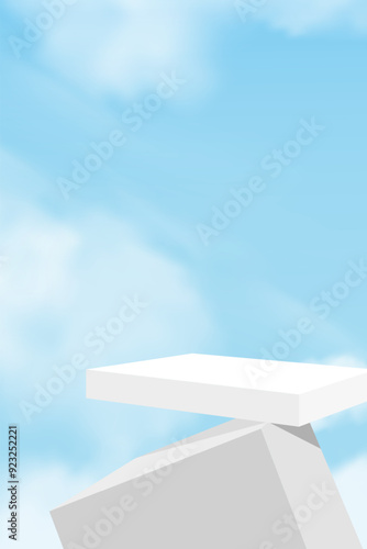 Sky Blue,Cloud Background,White Podium Platform for Cosmetic product present,Summer backdrop 3d Display stand,Vector Abstract graphic design of spring nature sky with Exterior building construction