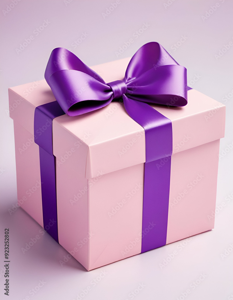 Pink gift box with purple ribbon plain white background Pink gift box with purple ribbon plain white background