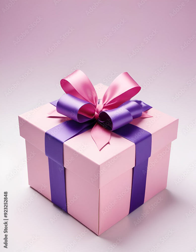 Pink gift box with purple ribbon plain white background Pink gift box with purple ribbon plain white background