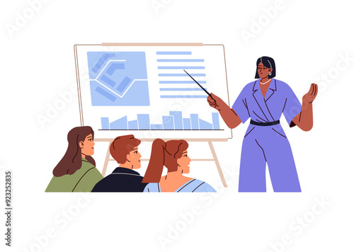 Architect presenting plan of city building for audience. Speaker shows construction project for colleagues. Worker performs with public speaking. Flat isolated vector illustration on white background