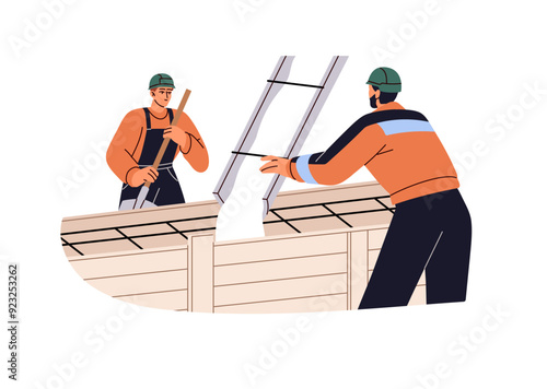 Professional builders pour concrete into wooden formwork. Workers in helmets concreting, building house. People work in construction site. Flat isolated vector illustration on white background