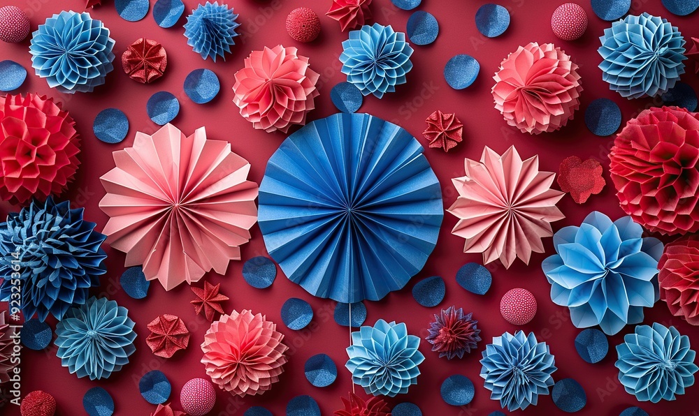 patriotic decorations on red background for holiday flat lay paper fans fireworks party streamers 4th of july independence day celebration concept. patriotic decorations on red background for holiday flat lay paper fans fireworks party streamers 4th of july independence day celebration concept.