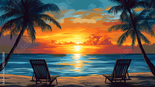 Tranquil Sunset Beach Scene with Silhouetted Palm Trees