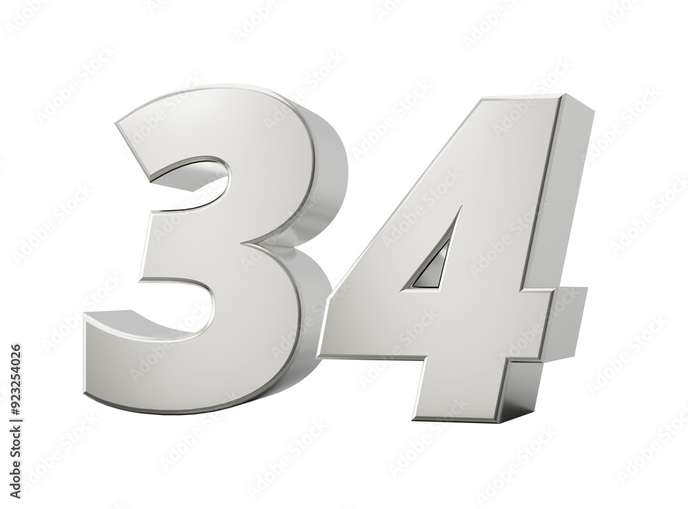Silver 3d numbers 34 thirty four. Isolated white background 3d illustration
Silver 3d numbers 34 thirty four. Isolated white background 3d illustration