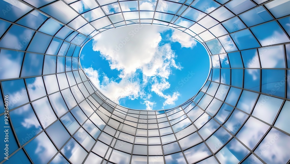 Naklejka premium A curved glass building with a blue sky and white clouds in the background