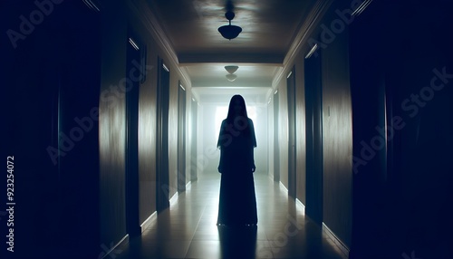 Woman ghost silhouette standing in dark hallway. Horror movies, scary scenes, Halloween.  generative AI