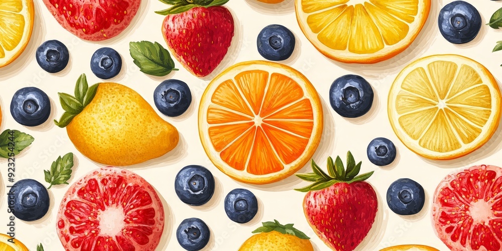 Colorful seamless pattern of vibrant fruits, creative and fresh design for textiles Colorful seamless pattern of vibrant fruits, creative and fresh design for textiles
