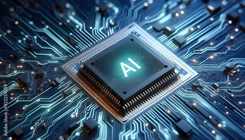 A future-oriented AI semiconductor chip mounted on a circuit board. Printed circuit boards, artificial intelligence, advanced circuits.  generative AI photo