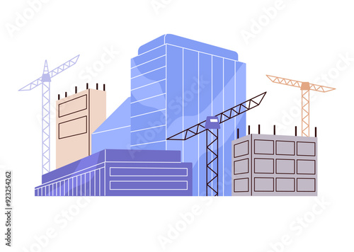 Construction site with cranes and skyscrapers. Machineries build urban highrise houses, office buildings. Equipment to construct city. Modern cityscape. Flat isolated vector illustration on white