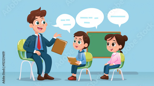 Title: Teacher instructing diverse students in a classroom setting