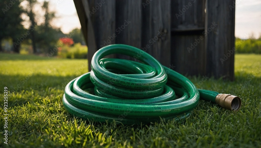 Fototapeta premium Rolled up garden hose on fresh green grass