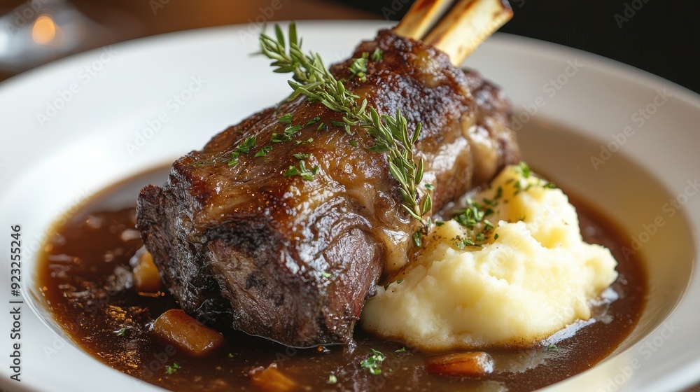 Succulent Slow-Cooked Lamb Shank with Rich Gravy and Mashed Potatoes at Cozy Upscale Restaurant Succulent Slow-Cooked Lamb Shank with Rich Gravy and Mashed Potatoes at Cozy Upscale Restaurant