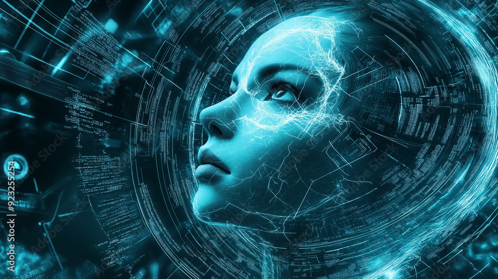 Digital abstract portrait with glowing lines and code. Digital abstract portrait with glowing lines and code.