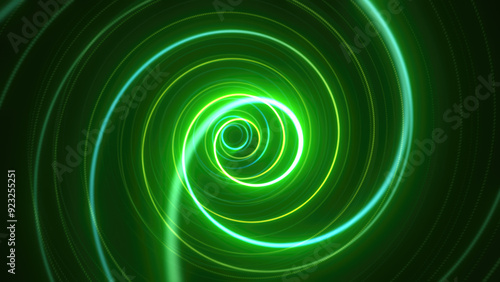 Abstract bright glowing green background tunnel with flying lines of energy particles and light rays