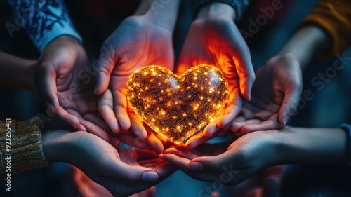 A group of hands embracing a glowing heart, symbolizing love, kindness, and unity in a cozy atmosphere with twinkling lights.