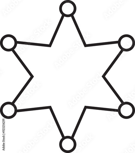 Sheriff star badge Outline icon. Retro vintage sheriff star vector. Western cowboy officer 6 point badge symbol. Hexagonal medal. Vector of Security Police symbol isolated on transparent background.