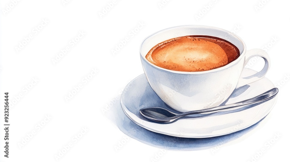 Cozy Watercolor of a Coffee Cup with Saucer and Spoon Isolated on a Clean White Background Minimalist Still Life Graphic Design Perfect for Cafe Restaurant or Kitchen Decor Cozy Watercolor of a Coffee Cup with Saucer and Spoon Isolated on a Clean White Background Minimalist Still Life Graphic Design Perfect for Cafe Restaurant or Kitchen Decor