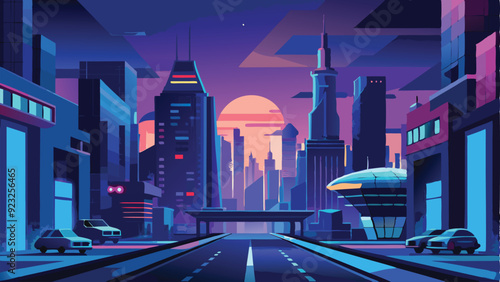 The smoggy dawn sky is lit up by colorful neon lights that illuminate the soaring skyscraperapers and skyscraperapers in the futuristic city giving it a vibrant and dynamic energy AI generated