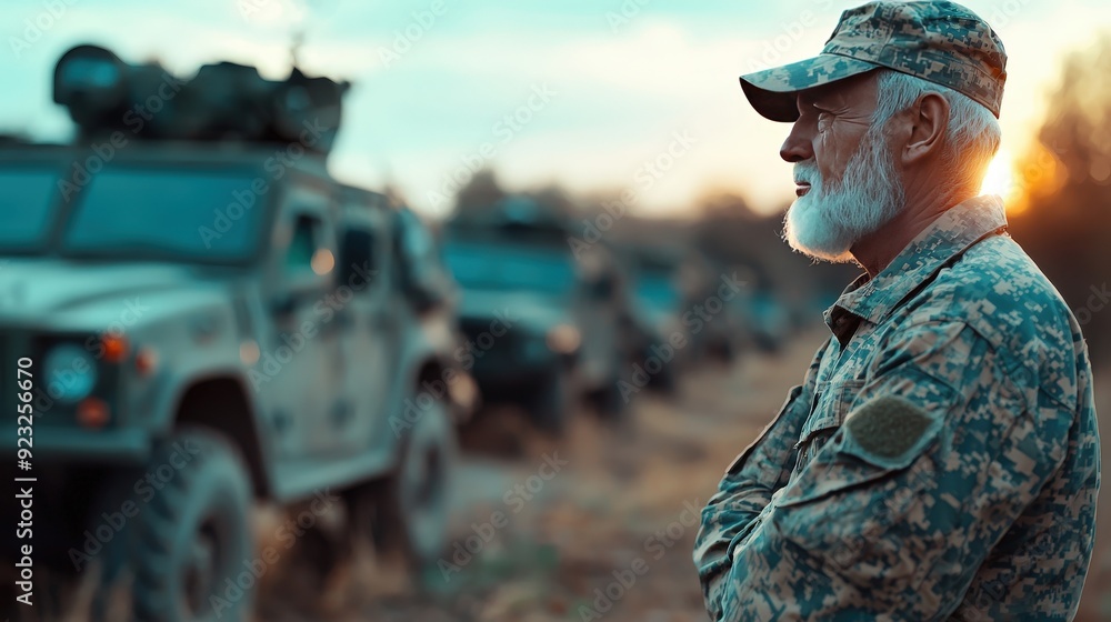 A veteran standing at attention with a backdrop of military vehicles A veteran standing at attention with a backdrop of military vehicles