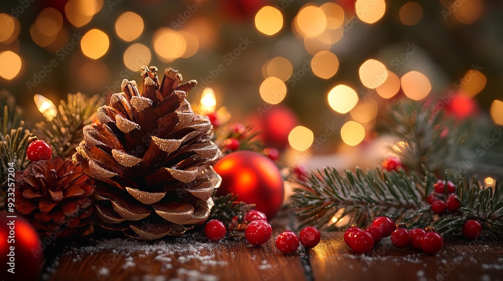 Warm holiday decor featuring pine cones and red berries with glowing lights Warm holiday decor featuring pine cones and red berries with glowing lights