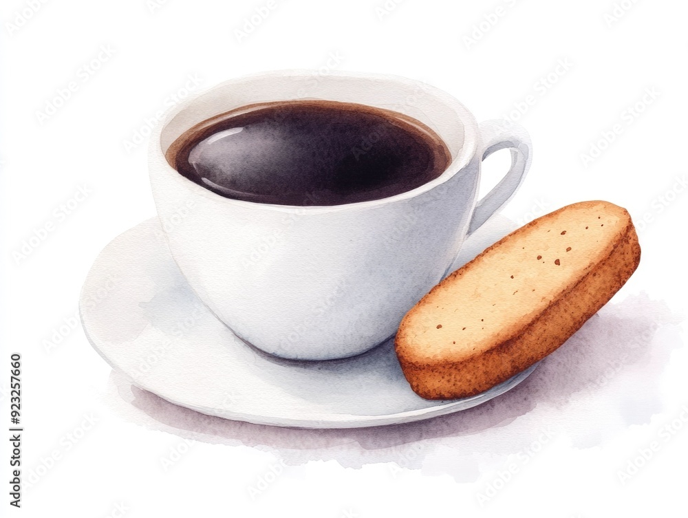 Vibrant watercolor of a ceramic coffee cup with a biscotti pastry resting beside it set against a clean white backdrop for a simple elegant composition Vibrant watercolor of a ceramic coffee cup with a biscotti pastry resting beside it set against a clean white backdrop for a simple elegant composition