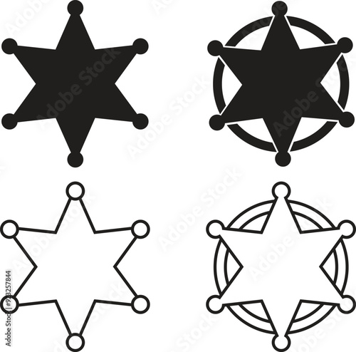 Sheriff star badge line, flat icons Set. Retro vintage sheriff star. Western cowboy officer 6 point badge symbols. Hexagonal medal. Vector of Security Police symbol isolated on transparent background.