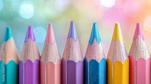 Colorful pencils lined up on a bright, blurred background