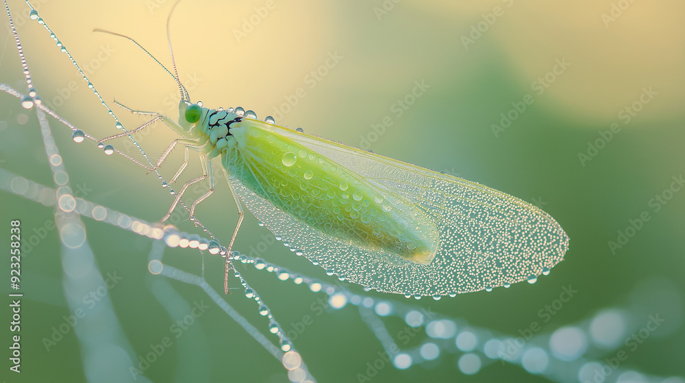 green lacewing on the leaf with dew green lacewing on the leaf with dew