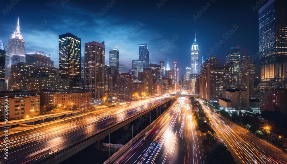 Fototapeta premium Modern cityscape wallpaper with skyscrapers and bustling urban lights at night