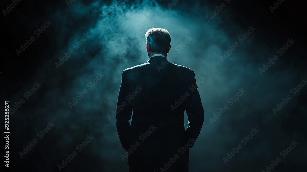 back view of mysterious unknown gangster criminal mafia person wearing black business suit in dark mystery smoky background back view of mysterious unknown gangster criminal mafia person wearing black business suit in dark mystery smoky background