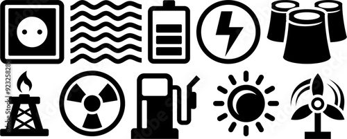 Energy and Power Source Icons Collection - Representing Electricity, Solar, Wind, Nuclear, Battery, Oil, Gas, and Renewable Energy Resources for Industrial and Environment