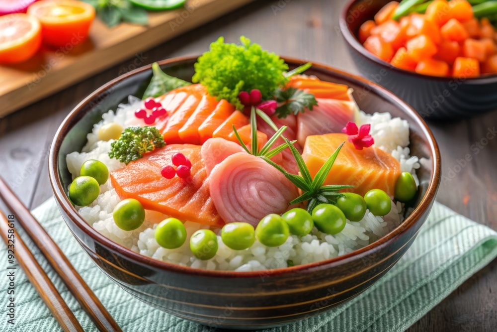 Colorful Japanese-inspired Chirashi bowl filled with fresh raw salmon sashimi, pickled ginger, and steamed edamame, served over a bed of fluffy white rice. Colorful Japanese-inspired Chirashi bowl filled with fresh raw salmon sashimi, pickled ginger, and steamed edamame, served over a bed of fluffy white rice.