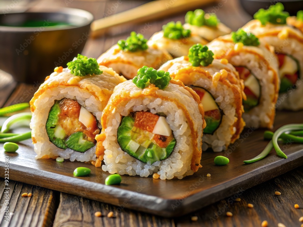Vibrant sushi roll filled with crunchy tempura bits, drizzled with a rich, creamy, and spicy mayo sauce, garnished with thinly sliced green onions. Vibrant sushi roll filled with crunchy tempura bits, drizzled with a rich, creamy, and spicy mayo sauce, garnished with thinly sliced green onions.
