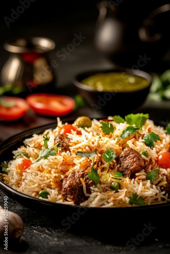 Studio Photography of a Delicious Plate of Beef Biryani with Vignette Effect Generative AI