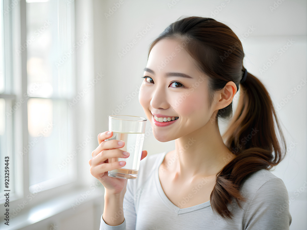 Asian woman with brunette ponytail smile drinks a glass water Asian woman with brunette ponytail smile drinks a glass water